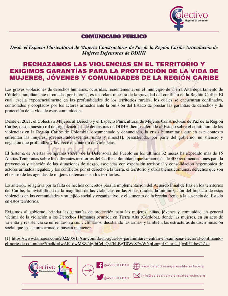 Comunicado público: rechazamos las violencias en el territorio y exigimos garantías para la protección de la vida