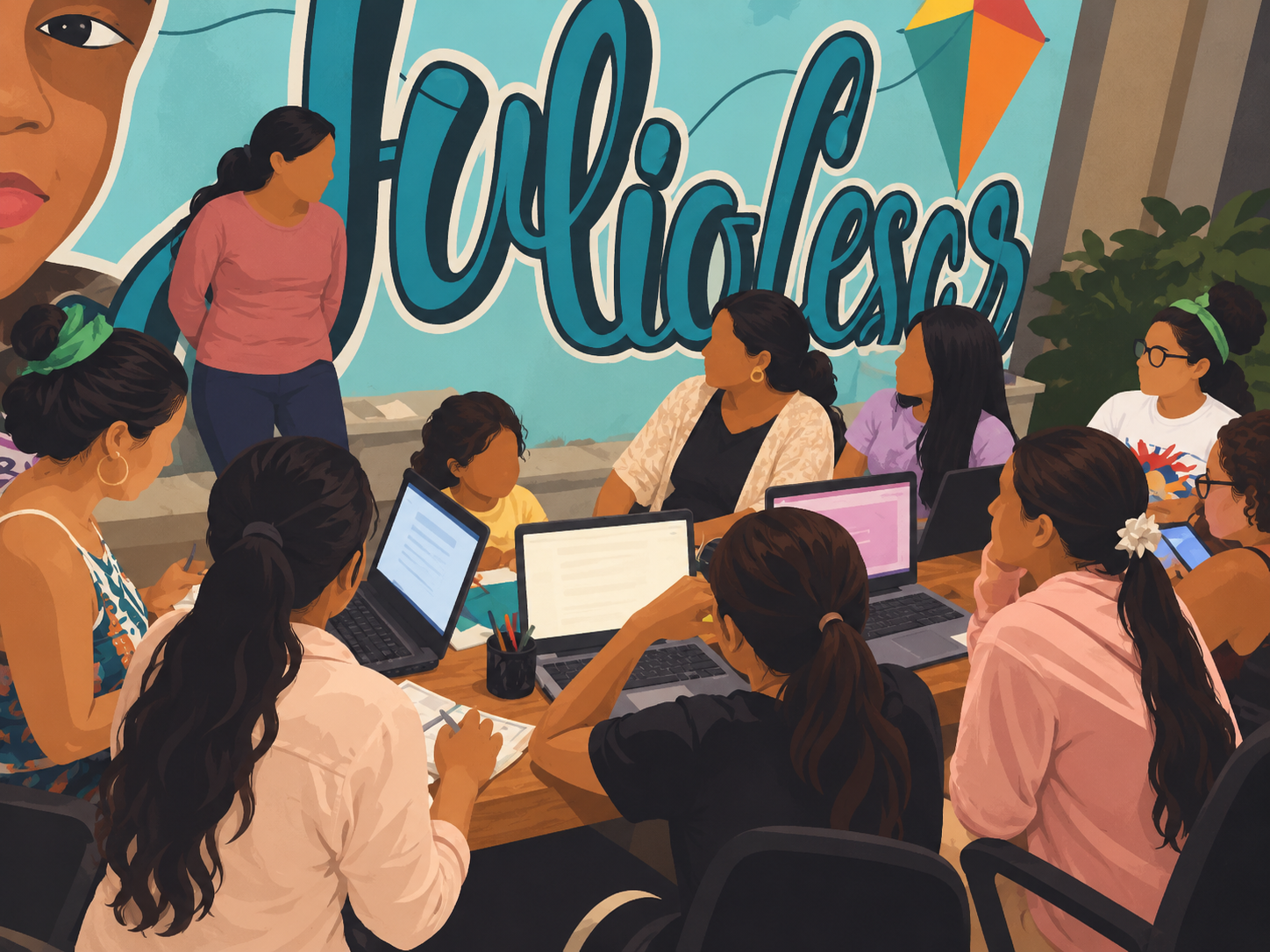 Ilustración de un taller comunitario de mujeres trabajando con tecnologías y conocimientos